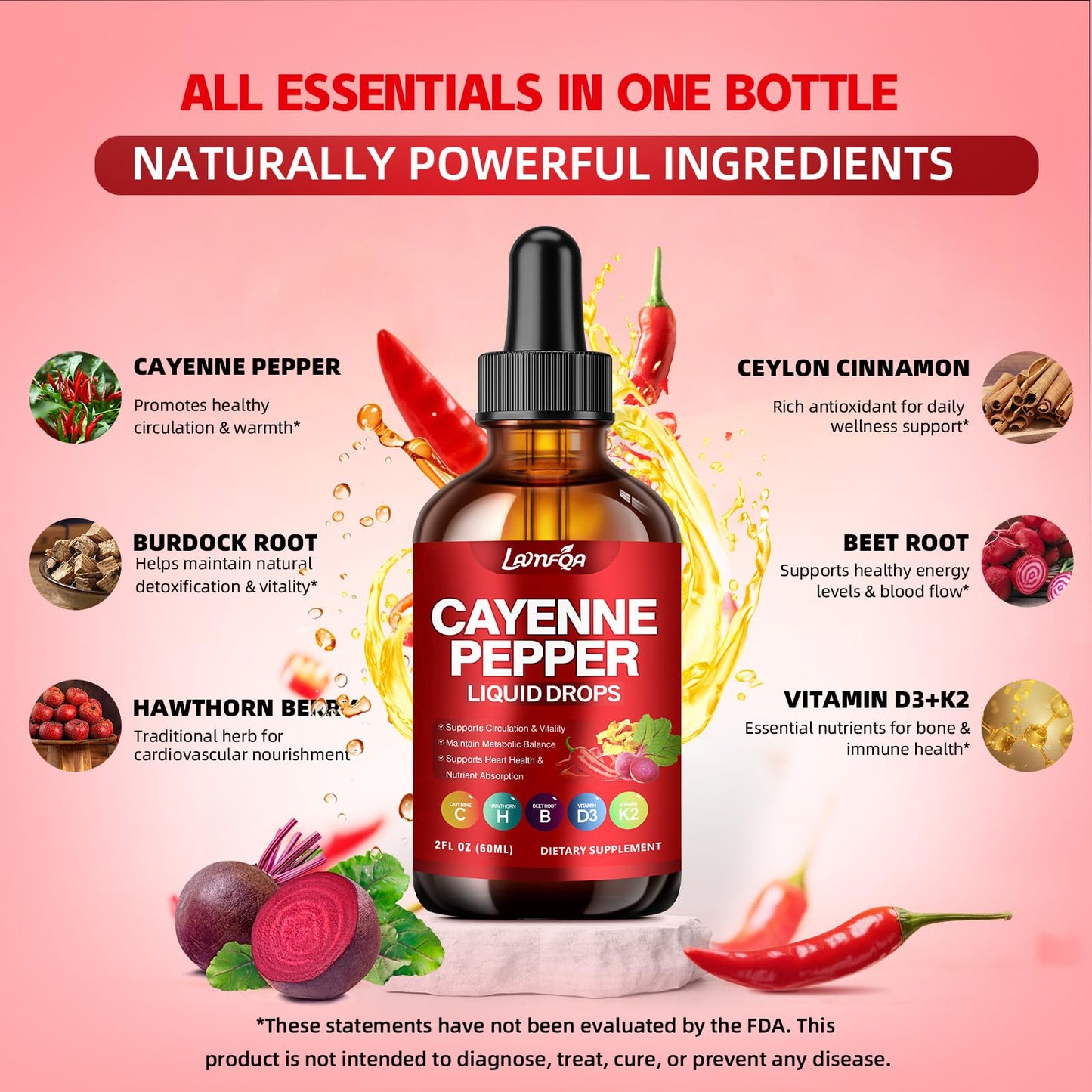 Cayenne Pepper Liquid Drops - Potent Blend with Hawthorn Berry, Turmeric Curcumin, Vitamin D3 K2, Beet Root & Panax Ginseng - Vegan, Non-GMO, High Absorbed Gentle Formula - 2 OZ - Maple Wellness Supplements