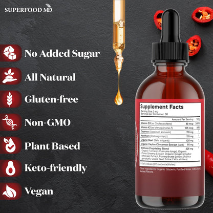 Cayenne Pepper Supplement Liquid Drops + Hawthorn Berry, Vitamin D3 K2 Beet Root Powder, Ceylon Cinnamon, Turmeric Curcumin, Organic Panax Ginseng - 4 OZ - Maple Wellness Supplements