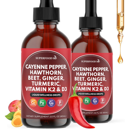 Cayenne Pepper Supplement Liquid Drops + Hawthorn Berry, Vitamin D3 K2 Beet Root Powder, Ceylon Cinnamon, Turmeric Curcumin, Organic Panax Ginseng - 4 OZ - Maple Wellness Supplements