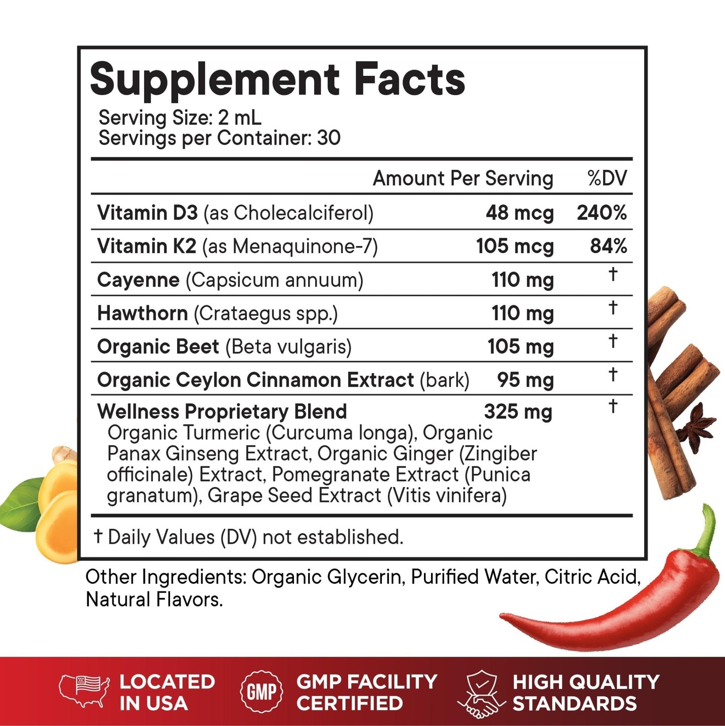 Cayenne Pepper Supplement Liquid Drops + Hawthorn Berry, Vitamin D3 K2 Beet Root Powder, Ceylon Cinnamon, Turmeric Curcumin, Organic Panax Ginseng - 4 OZ - Maple Wellness Supplements