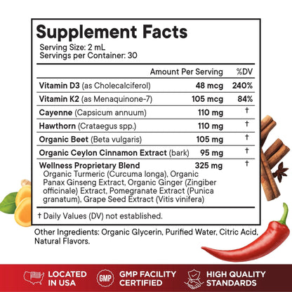 Cayenne Pepper Supplement Liquid Drops + Hawthorn Berry, Vitamin D3 K2 Beet Root Powder, Ceylon Cinnamon, Turmeric Curcumin, Organic Panax Ginseng - 4 OZ - Maple Wellness Supplements