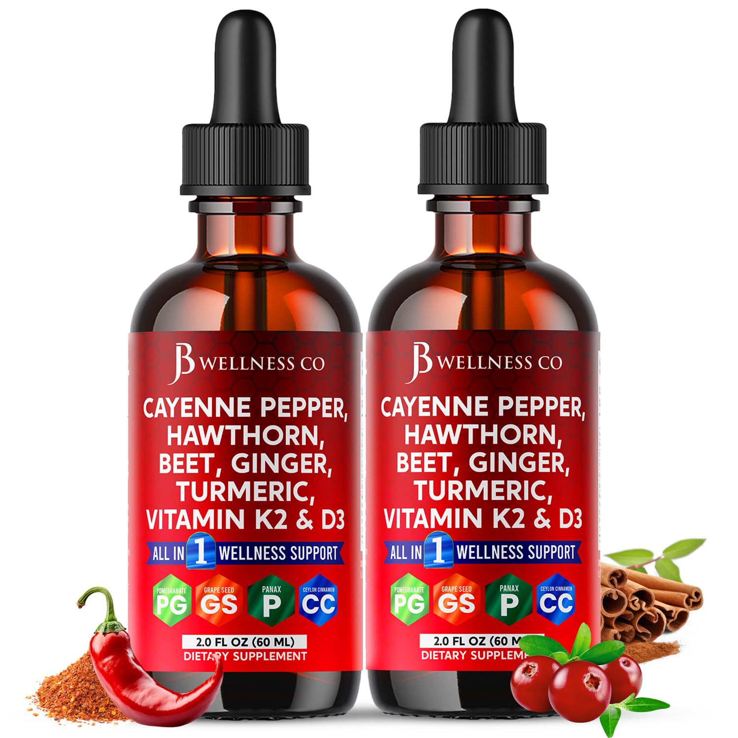 Cayenne Pepper Supplement Liquid Drops + Hawthorn Berry, Vitamin D3 K2 Beet Root Powder, Ceylon Cinnamon, Turmeric Curcumin, Organic Panax Ginseng - 4oz - Maple Wellness Supplements