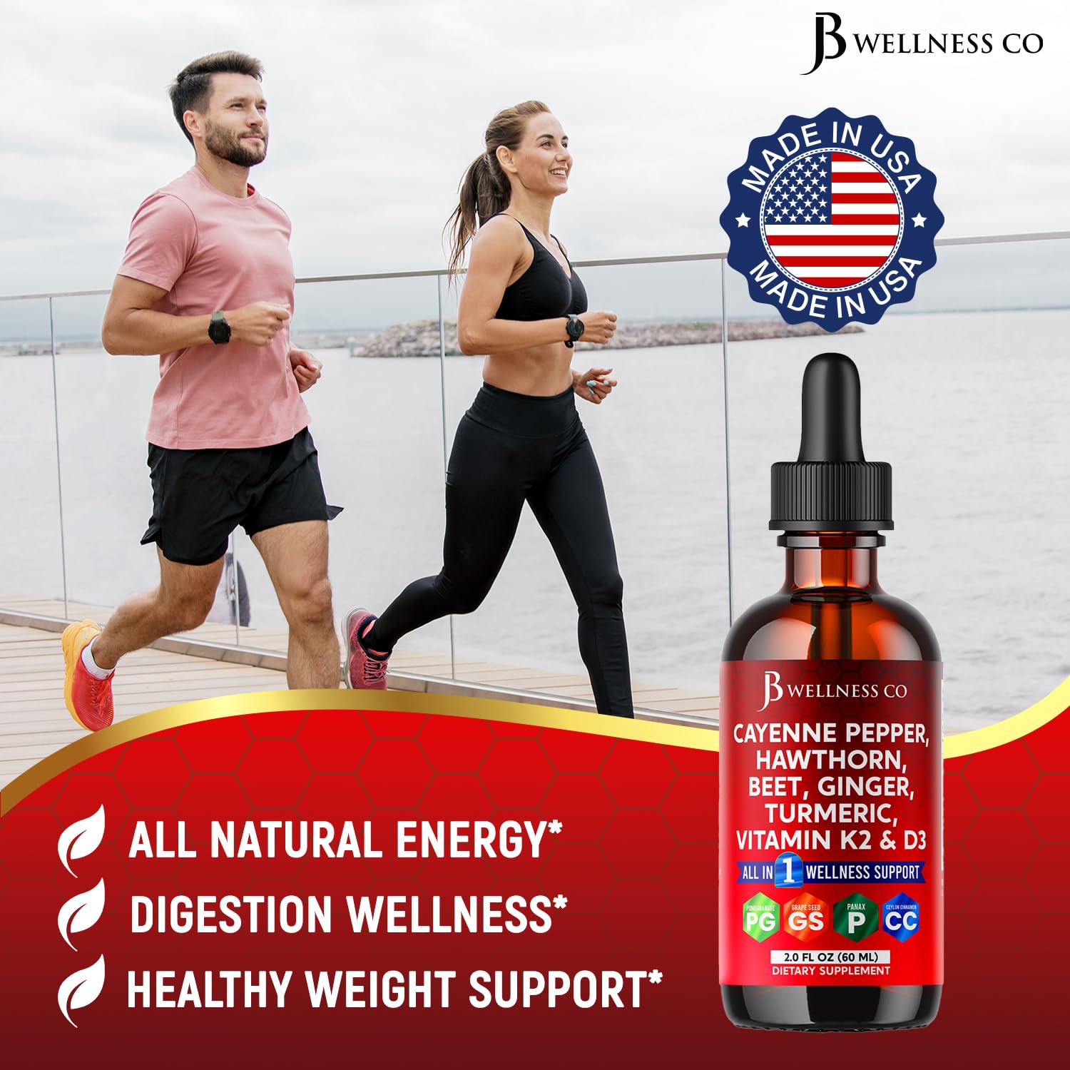 Cayenne Pepper Supplement Liquid Drops + Hawthorn Berry, Vitamin D3 K2 Beet Root Powder, Ceylon Cinnamon, Turmeric Curcumin, Organic Panax Ginseng - 4oz - Maple Wellness Supplements
