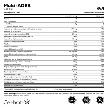 Celebrate Vitamins Multi ADEK Chewables, 60mg Iron - Daily Bariatric Multivitamin, Vitamins A, D, E, K & B12 for Duodenal Switch Surgery Patients - Maple Wellness Supplements
