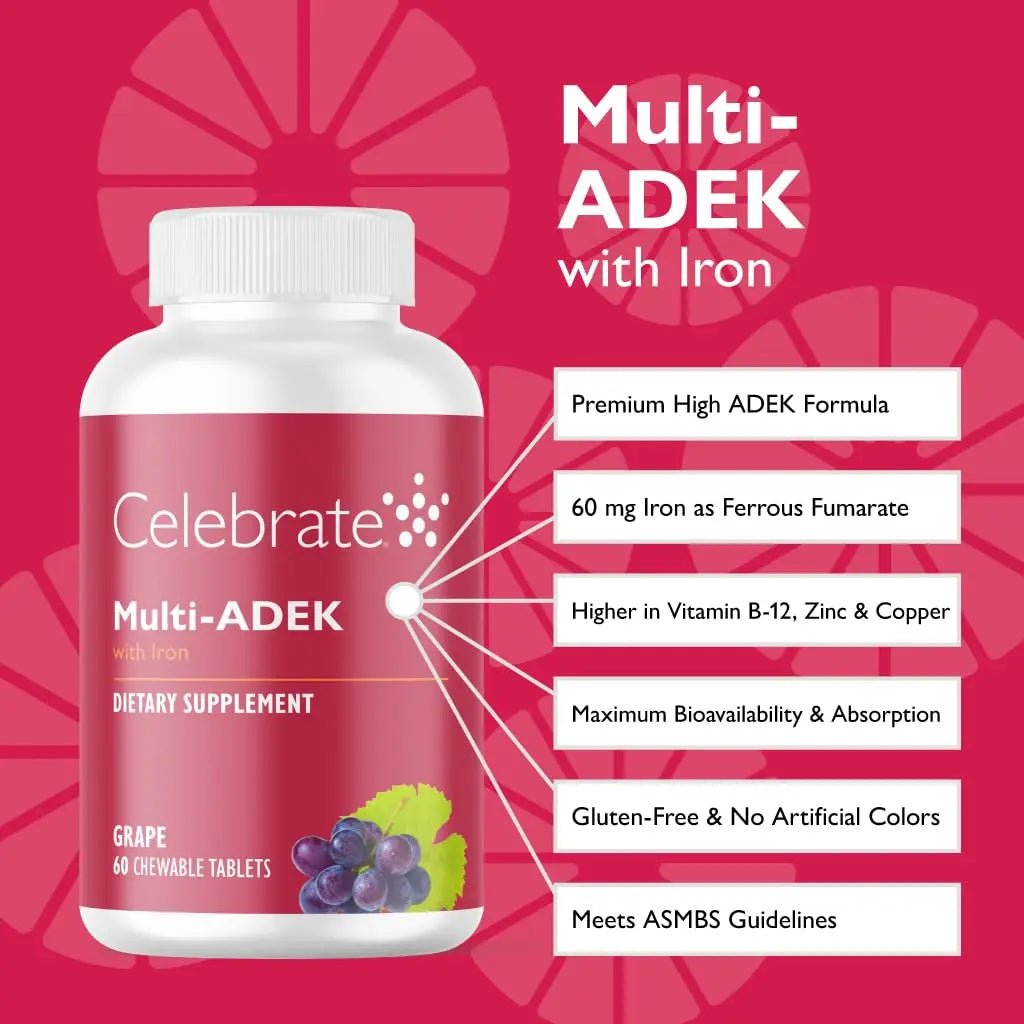 Celebrate Vitamins Multi ADEK Chewables, 60mg Iron - Daily Bariatric Multivitamin, Vitamins A, D, E, K & B12 for Duodenal Switch Surgery Patients - Maple Wellness Supplements