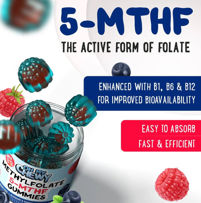 Center-Filled 5-MTHF Folate L-MethylFolate Sugar-Free Gummies - MTHFR Supplement Support with Methylated B1, B6 and Methyl B12 Multivitamins - Maple Wellness Supplements