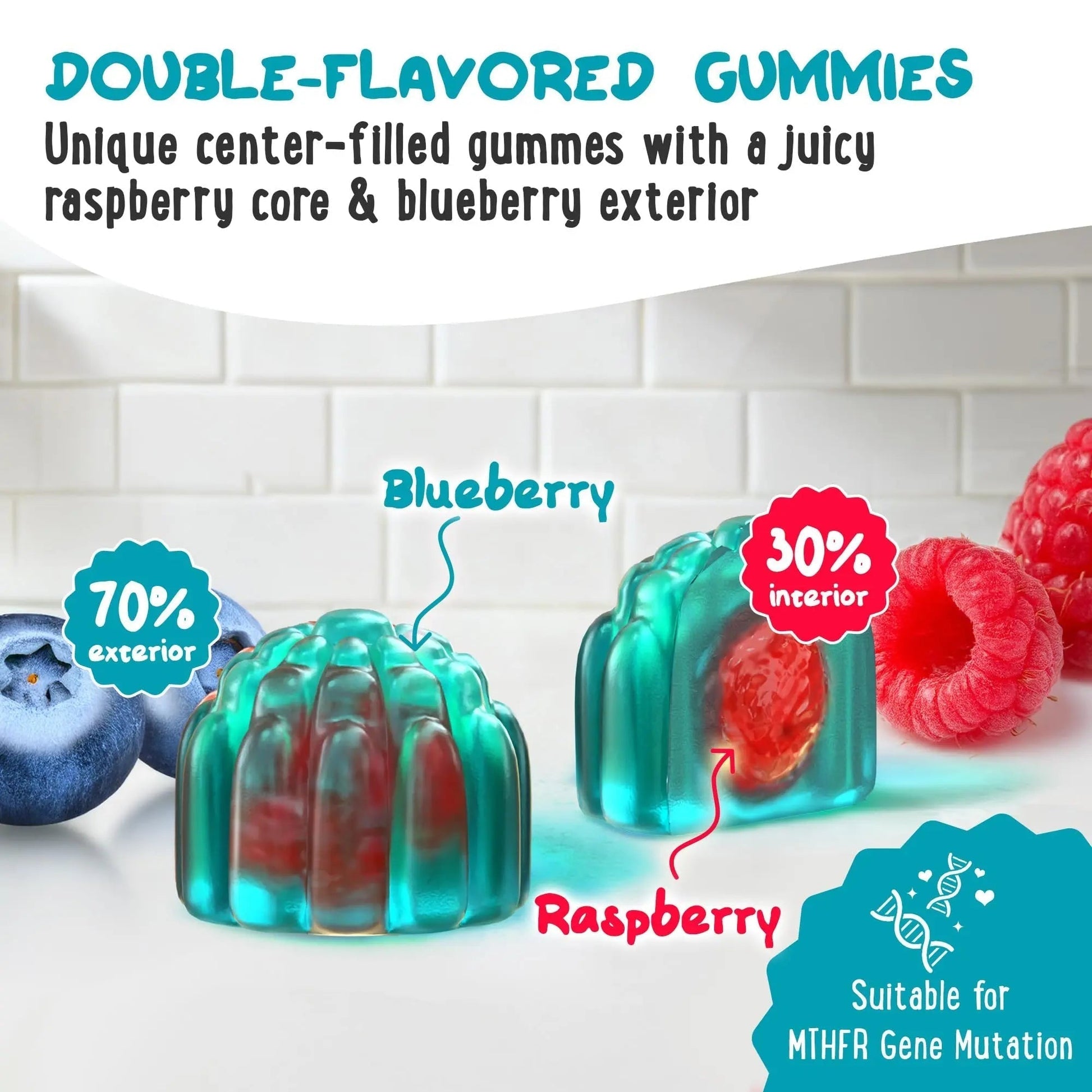 Center-Filled 5-MTHF Folate L-MethylFolate Sugar-Free Gummies - MTHFR Supplement Support with Methylated B1, B6 and Methyl B12 Multivitamins - Maple Wellness Supplements