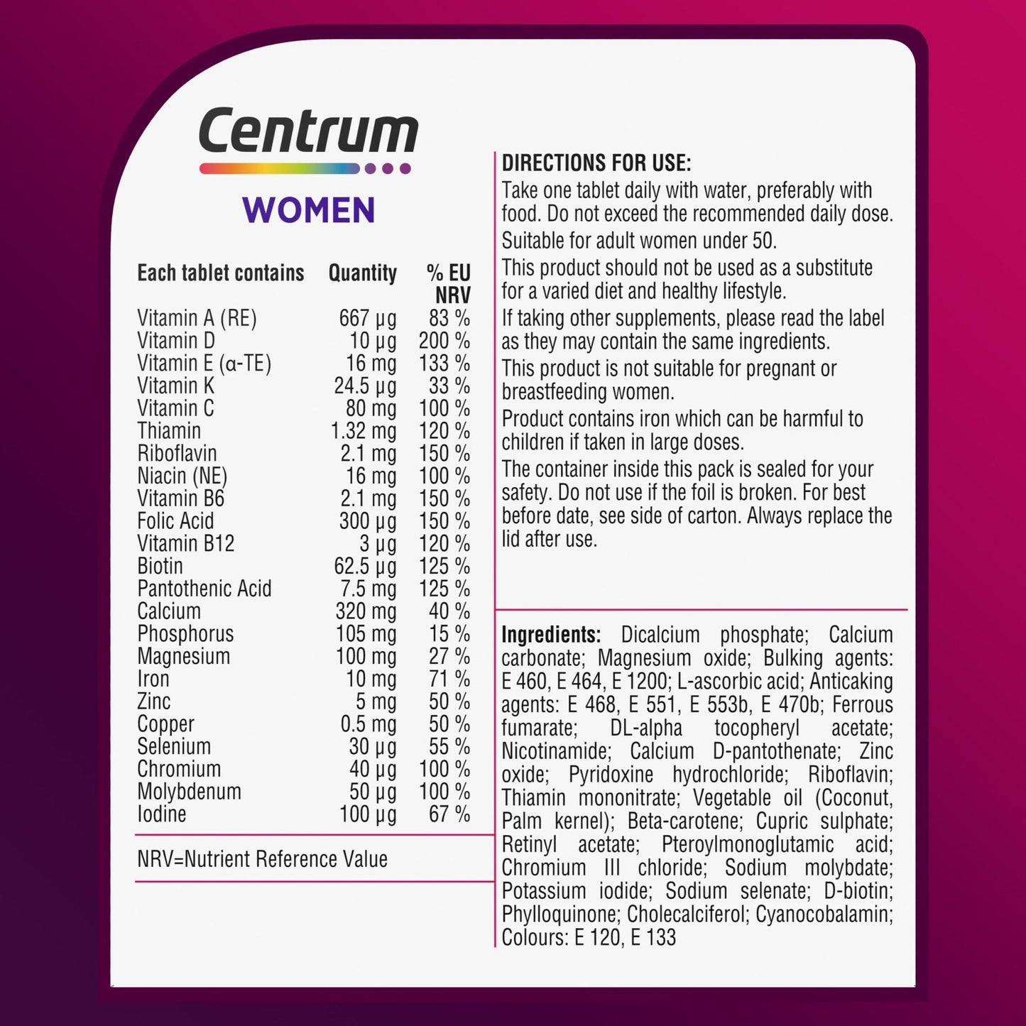 Centrum Women Tablets Multivitamin & Mineral Supplements, with 23 essential nutrients - Maple Wellness Supplements