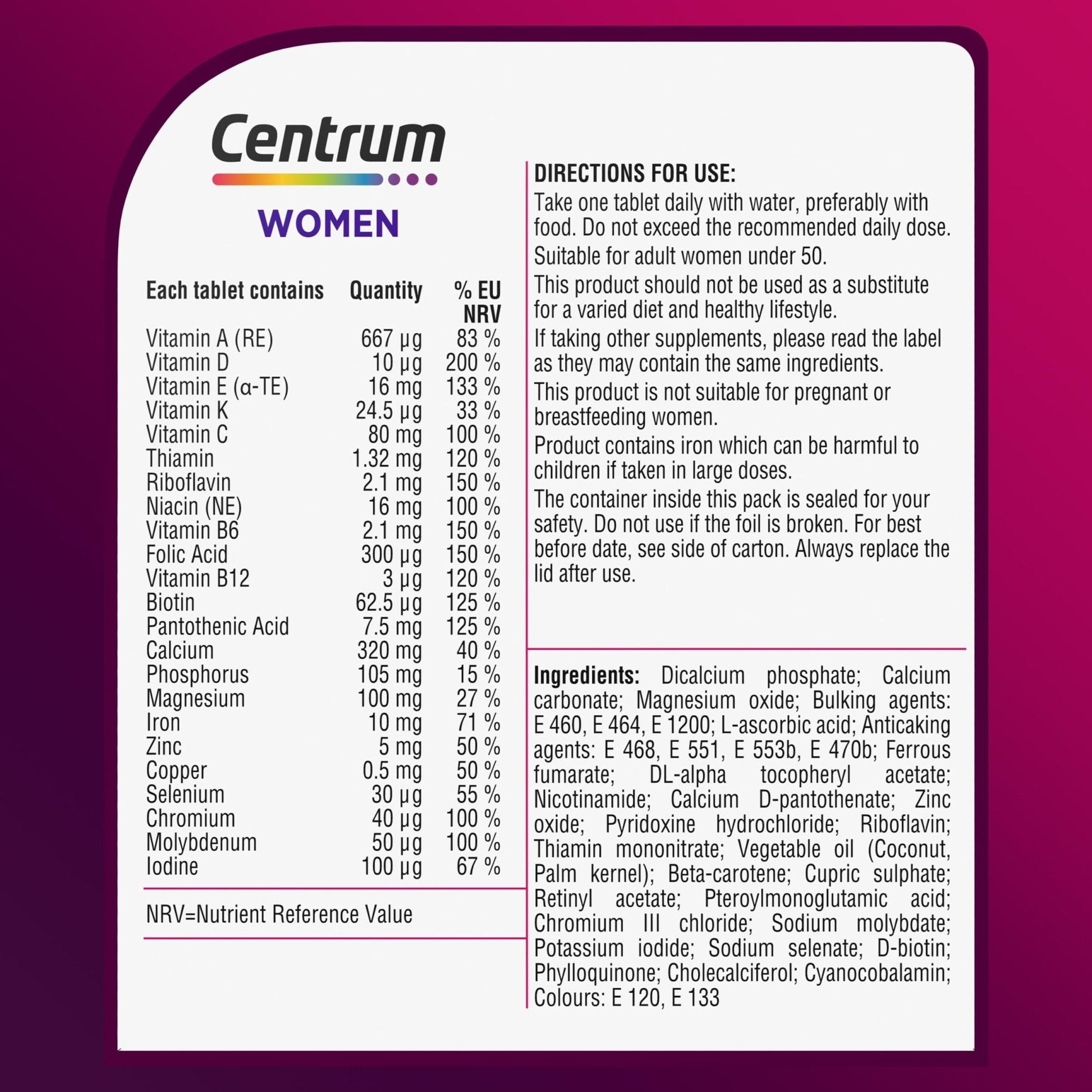 Centrum Women Tablets Multivitamin & Mineral Supplements, with 23 essential nutrients - Maple Wellness Supplements