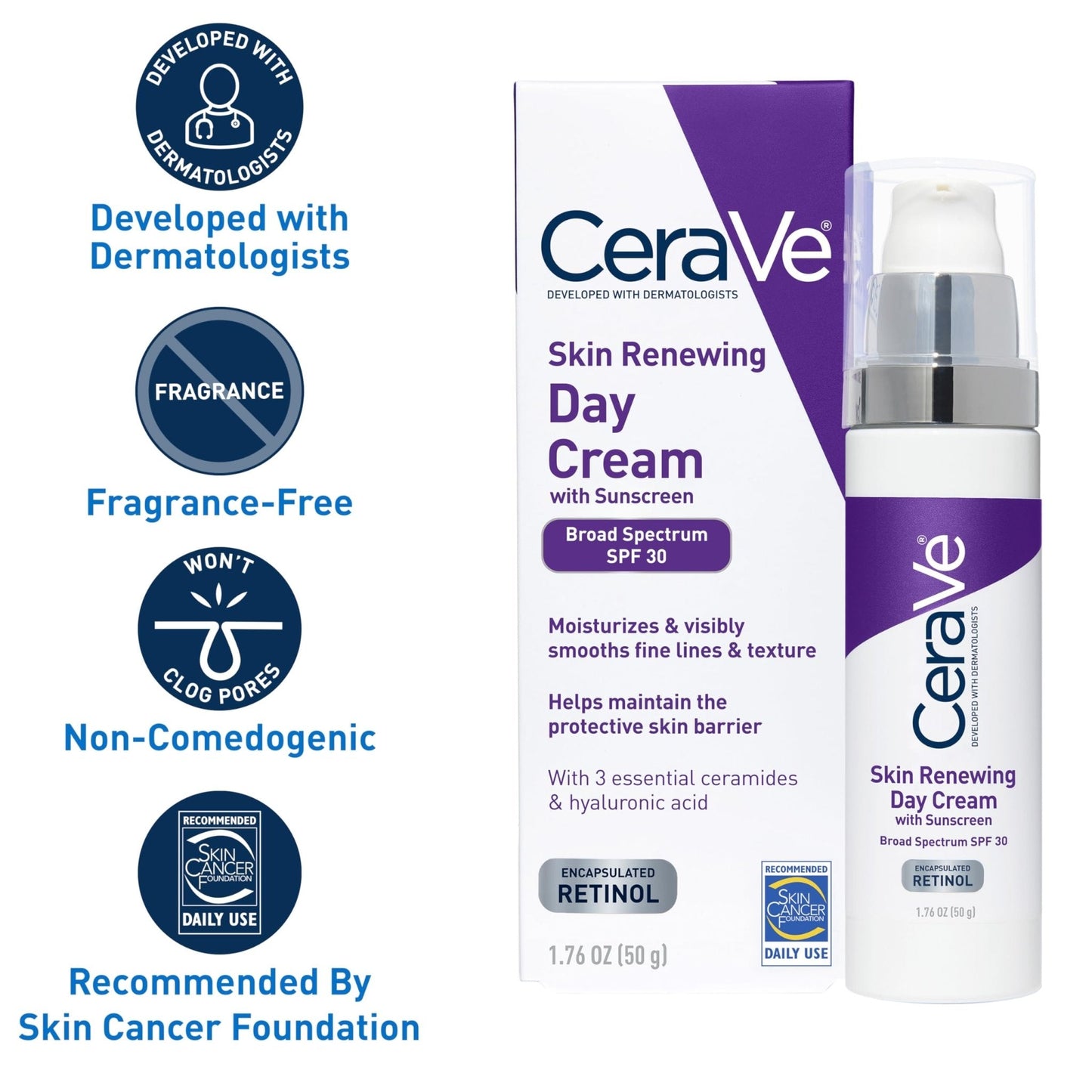 CeraVe Anti-Aging Face Cream SPF 30, Anti-Wrinkle Retinol Cream with Hyaluronic Acid and Ceramides, 1.76 oz - Maple Wellness Supplements