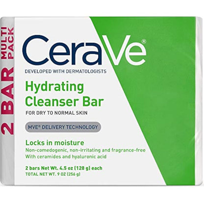 CeraVe Hydrating Cleanser Bar, Soap-Free Body and Facial Cleanser with 5% Moisturizing Cream, Fragrance-Free, 2-Pack, 4.5 Ounce Each - Maple Wellness Supplements