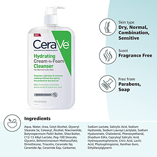 CeraVe Hydrating Cream To Foam Cleanser, Makeup Remover Face Wash For Dry Skin - Maple Wellness Supplements