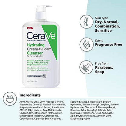 CeraVe Hydrating Cream To Foam Cleanser, Makeup Remover Face Wash For Dry Skin - Maple Wellness Supplements