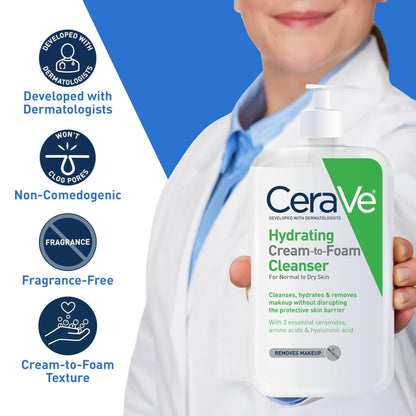 CeraVe Hydrating Cream To Foam Cleanser, Makeup Remover Face Wash For Dry Skin - Maple Wellness Supplements