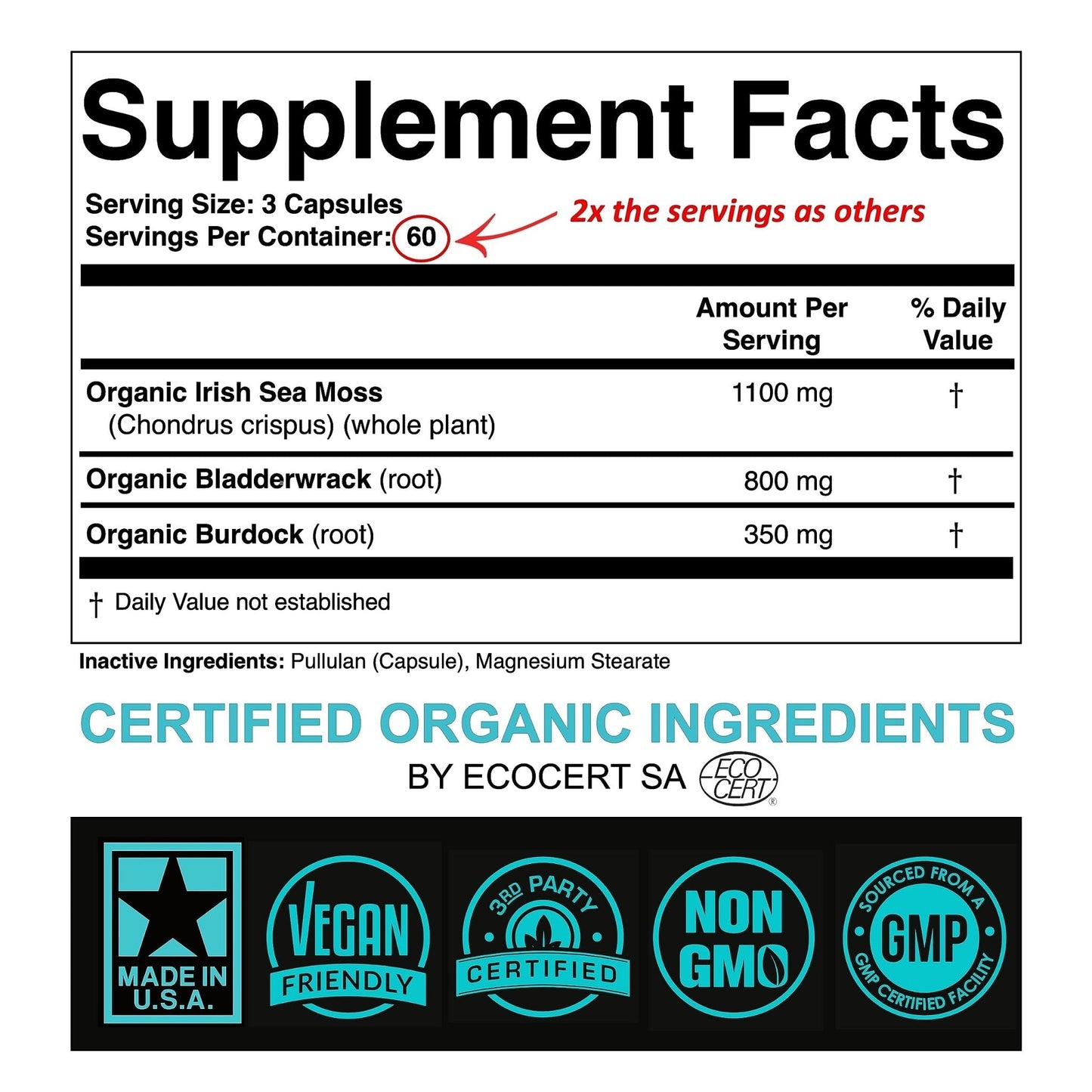 Certified Organic Sea Moss Capsules 2250mg Wildcrafted Irish Sea Moss Burdock Root - Maple Wellness Supplements