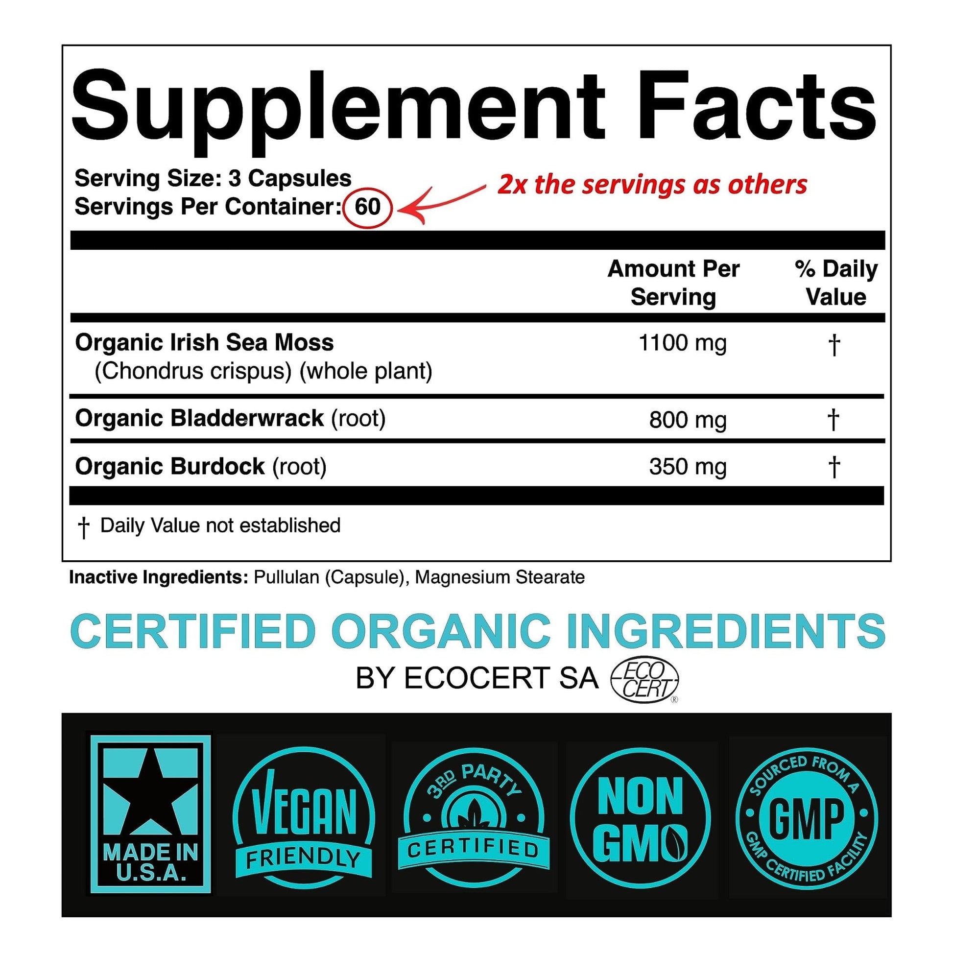 Certified Organic Sea Moss Capsules 2250mg Wildcrafted Irish Sea Moss Burdock Root - Maple Wellness Supplements