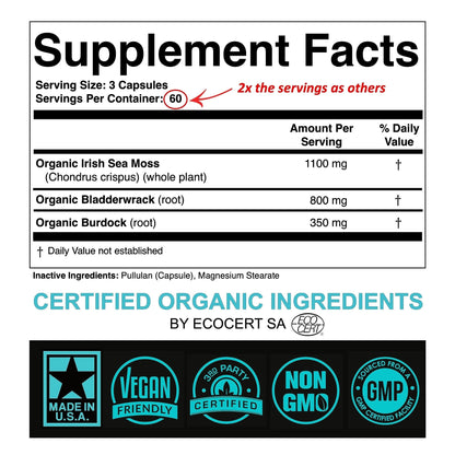 Certified Organic Sea Moss Capsules 2250mg Wildcrafted Irish Sea Moss Burdock Root - Maple Wellness Supplements