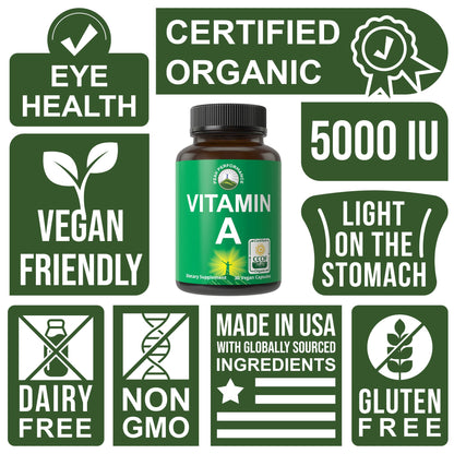 Certified Organic Vitamin A 5000 IU Supplement Capsules High Potency Vitamins. for Adults, Men, Women, Kids. Made with Carrot Juice. Great for Immune, Skin, Eye Support. Non GMO, Vegan Pills - Maple Wellness Supplements
