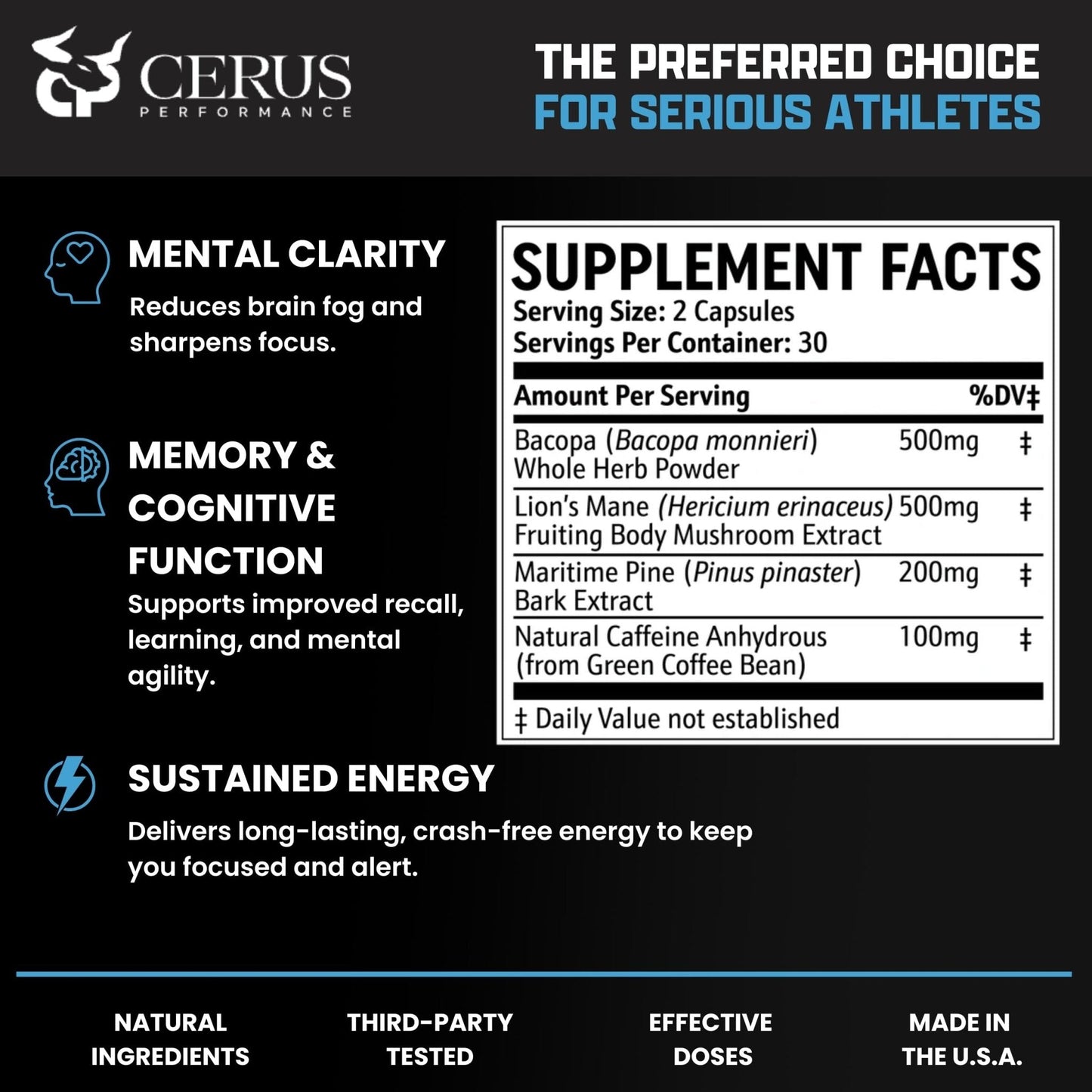 Cerus Performance Focus Nootropic Supplement - Enhances Mental Clarity, Boosts Memory & Cognitive Function, Improves Alertness - Ideal for Athletes & Fitness Enthusiasts - 60 Capsules - Maple Wellness Supplements