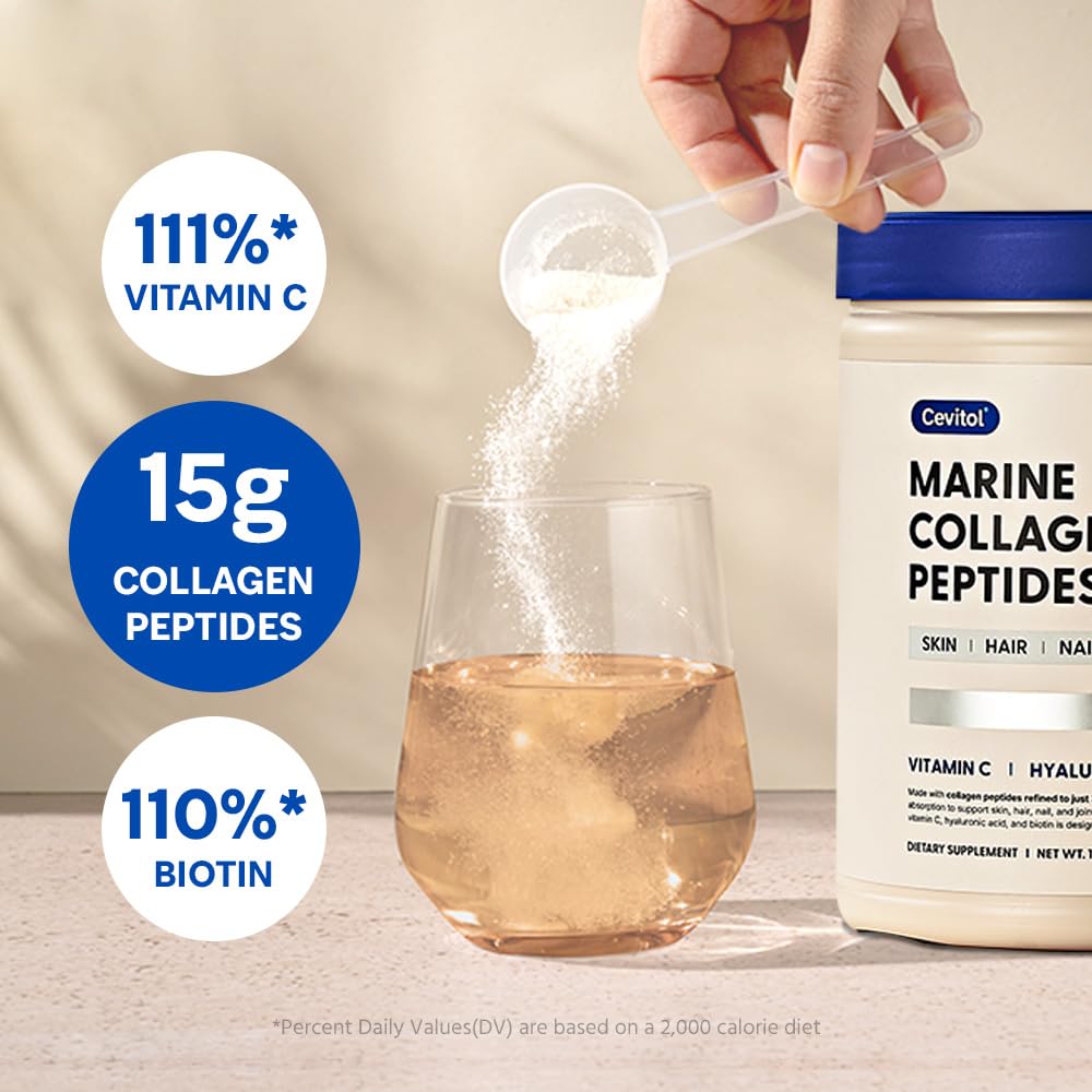 Cevitol Marine Collagen Peptides - Hydrolyzed Ultra-fine Collagen Powder for Women & Men, Hyaluronic Acid, Biotin, Vitamin C, for Skin, Hair, Nails, Joints - Maple Wellness Supplements