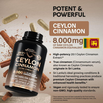 Ceylon Cinnamon Capsules - Extra Strength - Energy Heart & Metabolism Support for Men & Women - Pure Natural Cinnamon 20:1 Extract Supplement - Maple Wellness Supplements