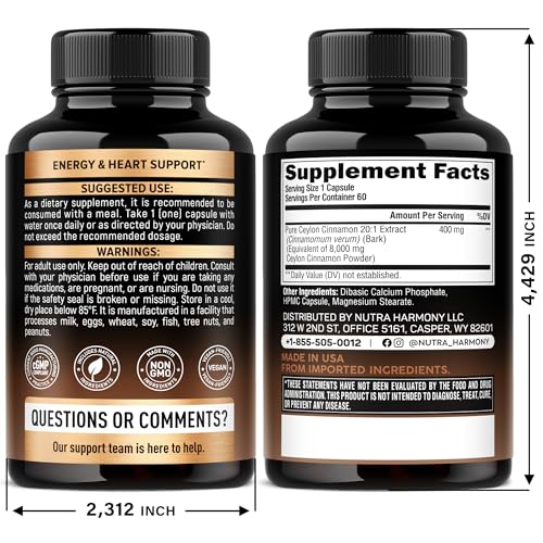Ceylon Cinnamon Capsules - Extra Strength - Energy Heart & Metabolism Support for Men & Women - Pure Natural Cinnamon 20:1 Extract Supplement - Maple Wellness Supplements