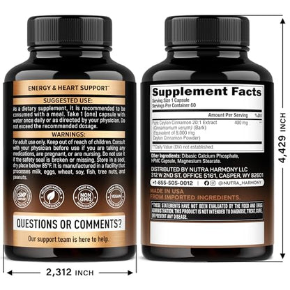 Ceylon Cinnamon Capsules - Extra Strength - Energy Heart & Metabolism Support for Men & Women - Pure Natural Cinnamon 20:1 Extract Supplement - Maple Wellness Supplements
