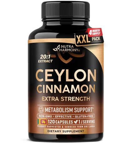 Ceylon Cinnamon Capsules - Extra Strength - Energy, Heart & Metabolism Support - for Men & Women - Pure Natural Extract 20:1 Supplement - Made in USA - Maple Wellness Supplements