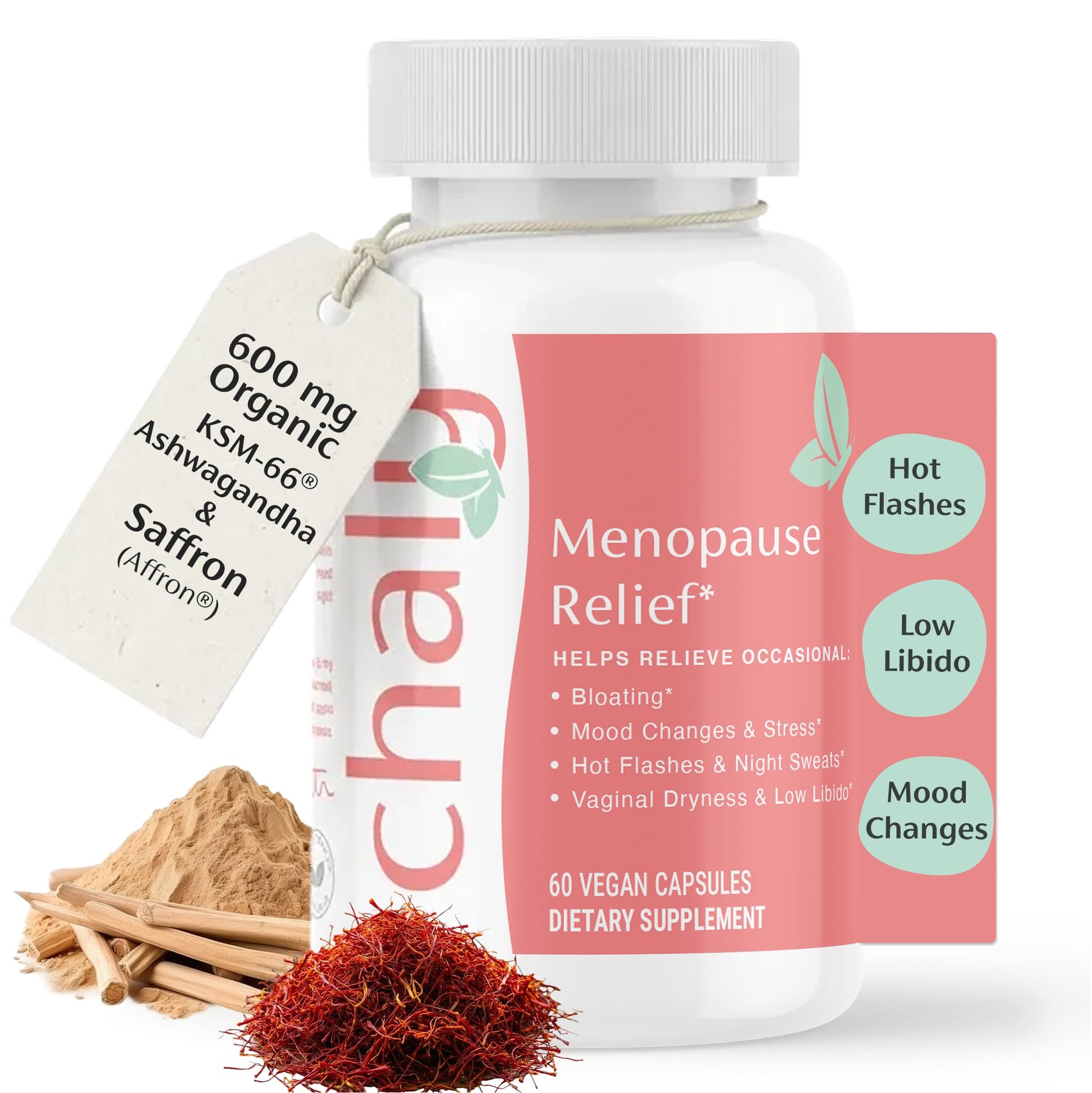 Chaly Menopause Supplements for Women with Ashwagandha KSM 66 and Saffron | Hot Flash, Bloating, Libido, Vaginal Dryness, Stress, and Mood Support Supplement | Menopause Relief Supplements | 60 Count - Maple Wellness Supplements