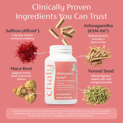 Chaly Menopause Supplements for Women with Ashwagandha KSM 66 and Saffron | Hot Flash, Bloating, Libido, Vaginal Dryness, Stress, and Mood Support Supplement | Menopause Relief Supplements | 60 Count - Maple Wellness Supplements