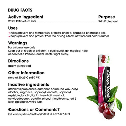 ChapStick Classic Skin Protectant Flavored Lip Balm Tube, Cherry Flavor, 0.15 Ounce (Pack of 3) - Maple Wellness Supplements