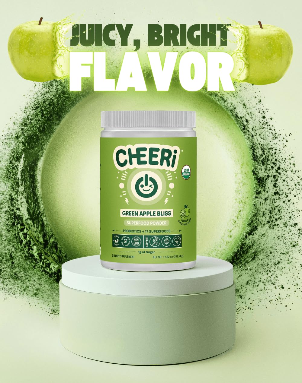 Cheerific Crisp Apple Greens Superfood Powder - 20+ Organic Superfoods + Prebiotic & Probiotics + More - Keto Friendly - Supports Positive Mood, Gut Health - Vegan, Gluten Free, Non-GMO - 30 Day - Maple Wellness Supplements