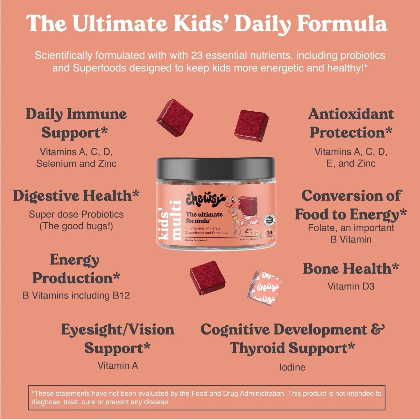 Chewsy Kids’ Multivitamin, Delicious Candy-Style Daily Vitamin Chews + Probiotics + Superfoods, Wild Berry Flavor Chewable Fruity Supplement Chews - Maple Wellness Supplements