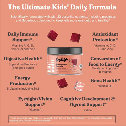 Chewsy Kids’ Multivitamin, Delicious Candy-Style Daily Vitamin Chews + Probiotics + Superfoods, Wild Berry Flavor Chewable Fruity Supplement Chews - Maple Wellness Supplements