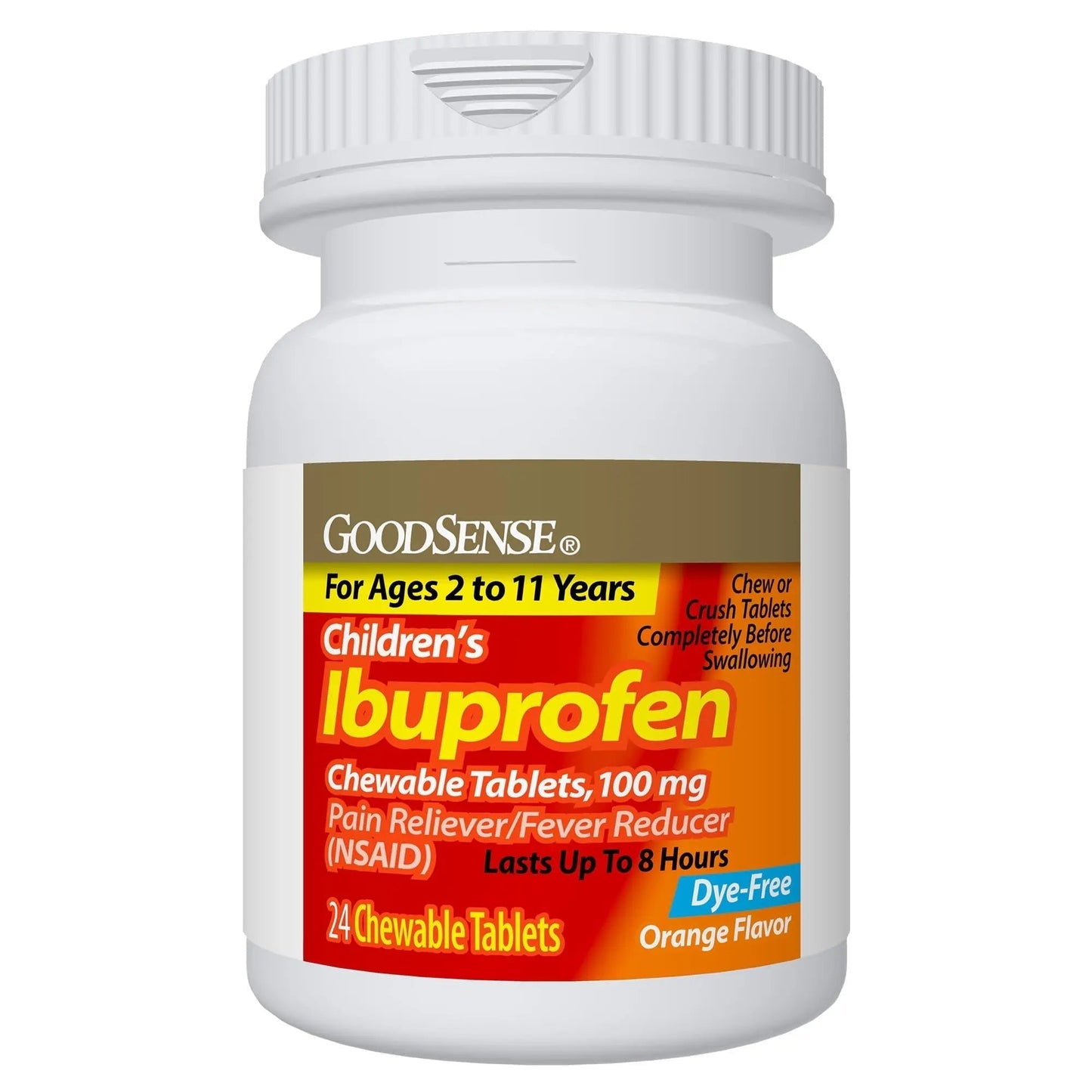 Childrens Ibuprofen Chewable Tablets, 100 mg, Orange Flavor, Pain Reliever and Fever Reducer, 24 Count - Maple Wellness Supplements