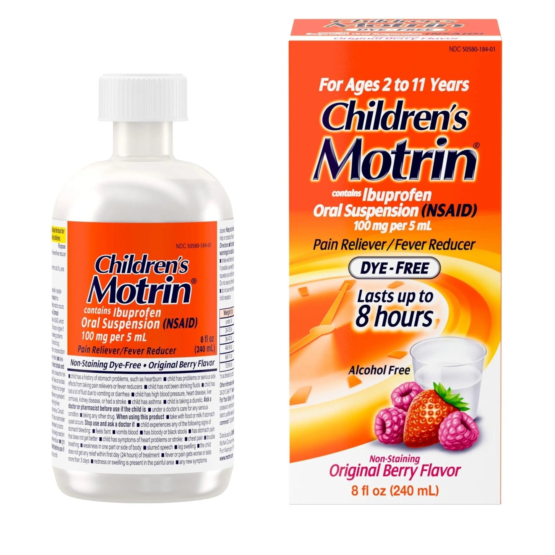 Children's Motrin Oral Suspension 100mg Ibuprofen Medicine, NSAID Fever Reducer & Pain Reliever for Minor Aches & Pains Due to Cold & Flu, Dye Free, Alcohol-Free, Berry Flavored, 8 fl. oz - Maple Wellness Supplements