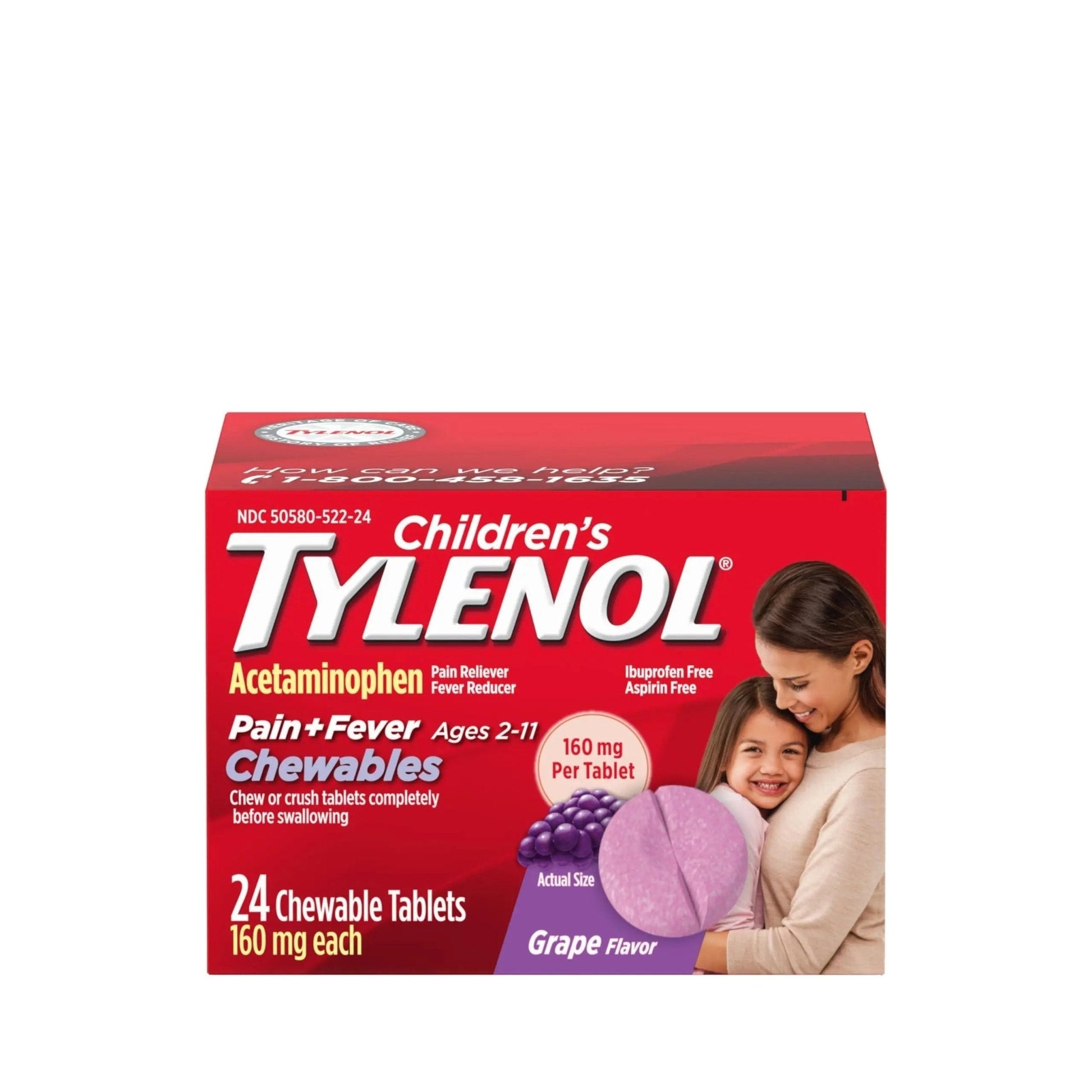 Children's Tylenol Chewables with 160 mg Acetaminophen, Pain Reliever & Fever Reducer for Kids' Cold + Flu Symptoms, Headache, Sore Throat & Toothache, Aspirin-Free, Grape Flavor, 24 ct - Maple Wellness Supplements