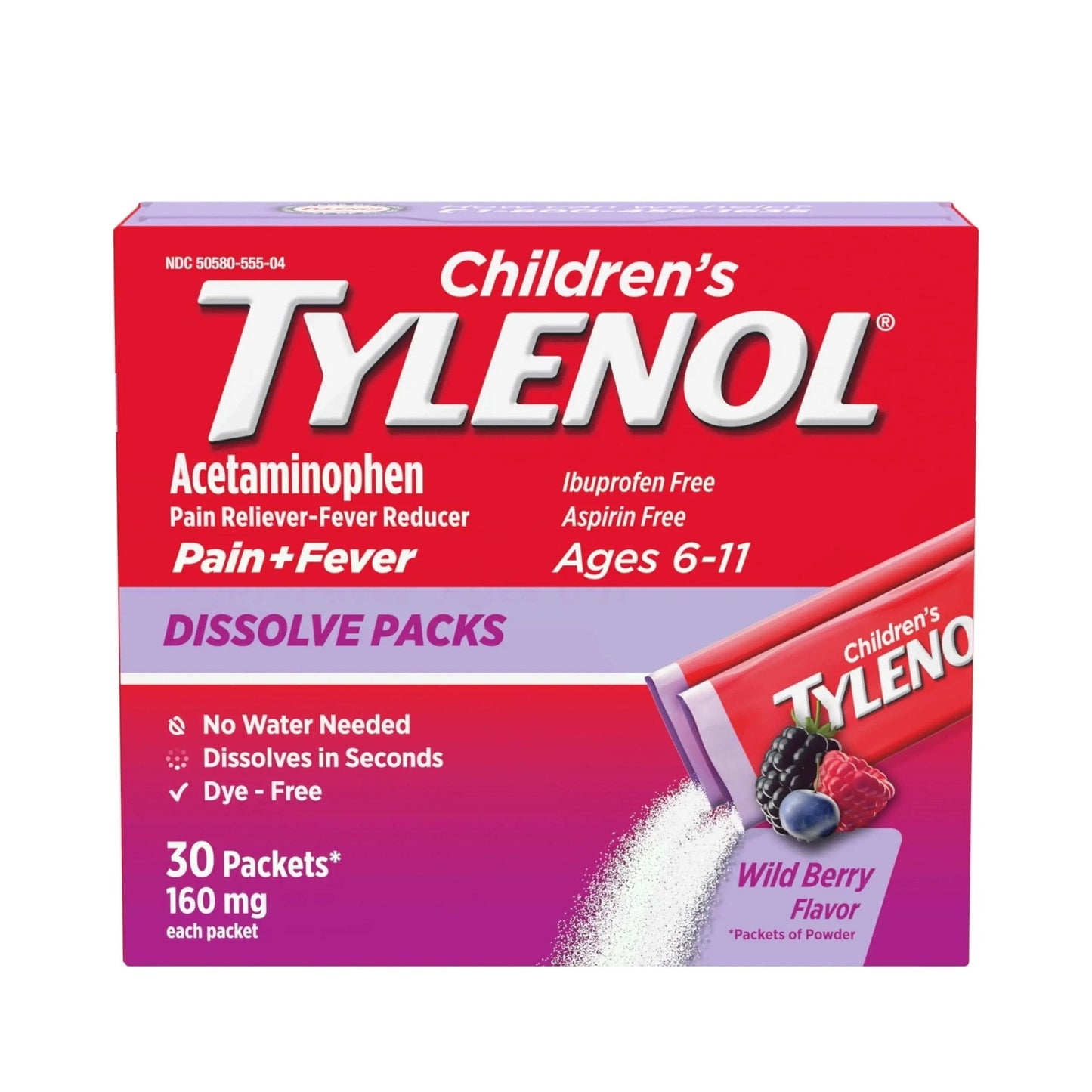 Children's Tylenol Dissolve Packs for Pain Relief, Fever Medication, 160 mg Acetaminophen, Dye Free, Kids' Powder Packets for Cold & Flu Symptom Relief; Wild Berry Flavor, 30 ct.; Pack of 1 - Maple Wellness Supplements