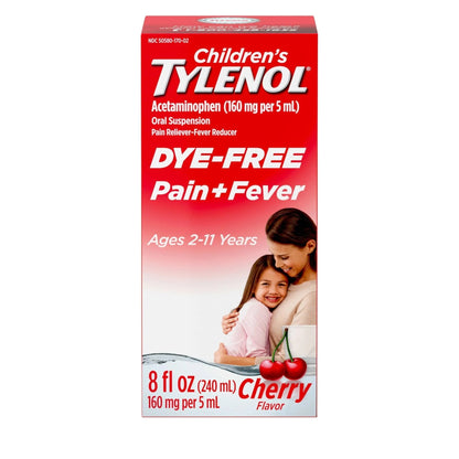 Children's Tylenol Liquid Pain Relief & Fever Medicine, Oral Suspension, Dye-Free, Acetaminophen, No Aspirin, No Ibuprofen, No High Fructose Corn Syrup; Cherry Flavor, 8 fl. oz.; Pack of 1 - Maple Wellness Supplements