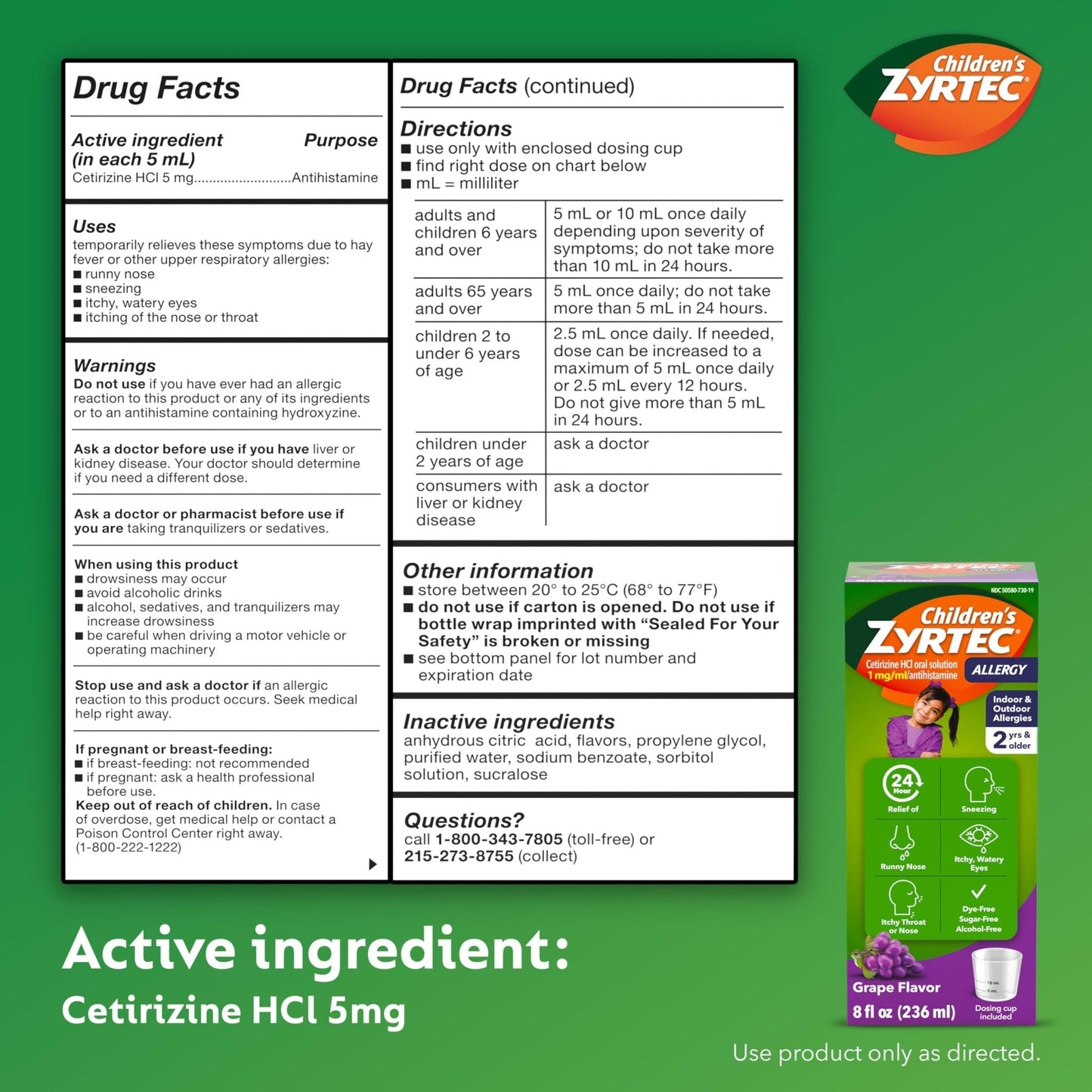 Children's Zyrtec Liquid, Kid's Antihistamine Syrup, Dye-, Sugar-, and Alcohol-Free, Pleasant Grape Flavor, Contains Cetirizine HCl Suitable for Ages 2 Years and Up, 8 fl oz Bottle - Maple Wellness Supplements