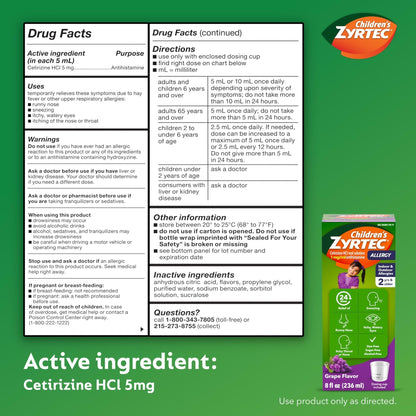 Children's Zyrtec Liquid, Kid's Antihistamine Syrup, Dye-, Sugar-, and Alcohol-Free, Pleasant Grape Flavor, Contains Cetirizine HCl Suitable for Ages 2 Years and Up, 8 fl oz Bottle - Maple Wellness Supplements