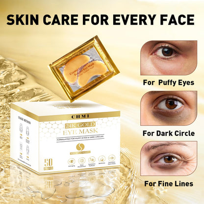 CHMI Under Eye Patches (50 Pairs) - 24K Gold Eye Patches for Puffy Eyes, Dark Circles, EyeBags and Wrinkles - Maple Wellness Supplements