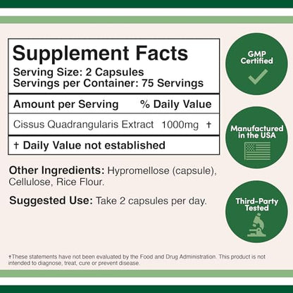 Cissus Quadrangularis Super Extract, 150 Capsules, Manufactured in The USA, Dietary - Maple Wellness Supplements