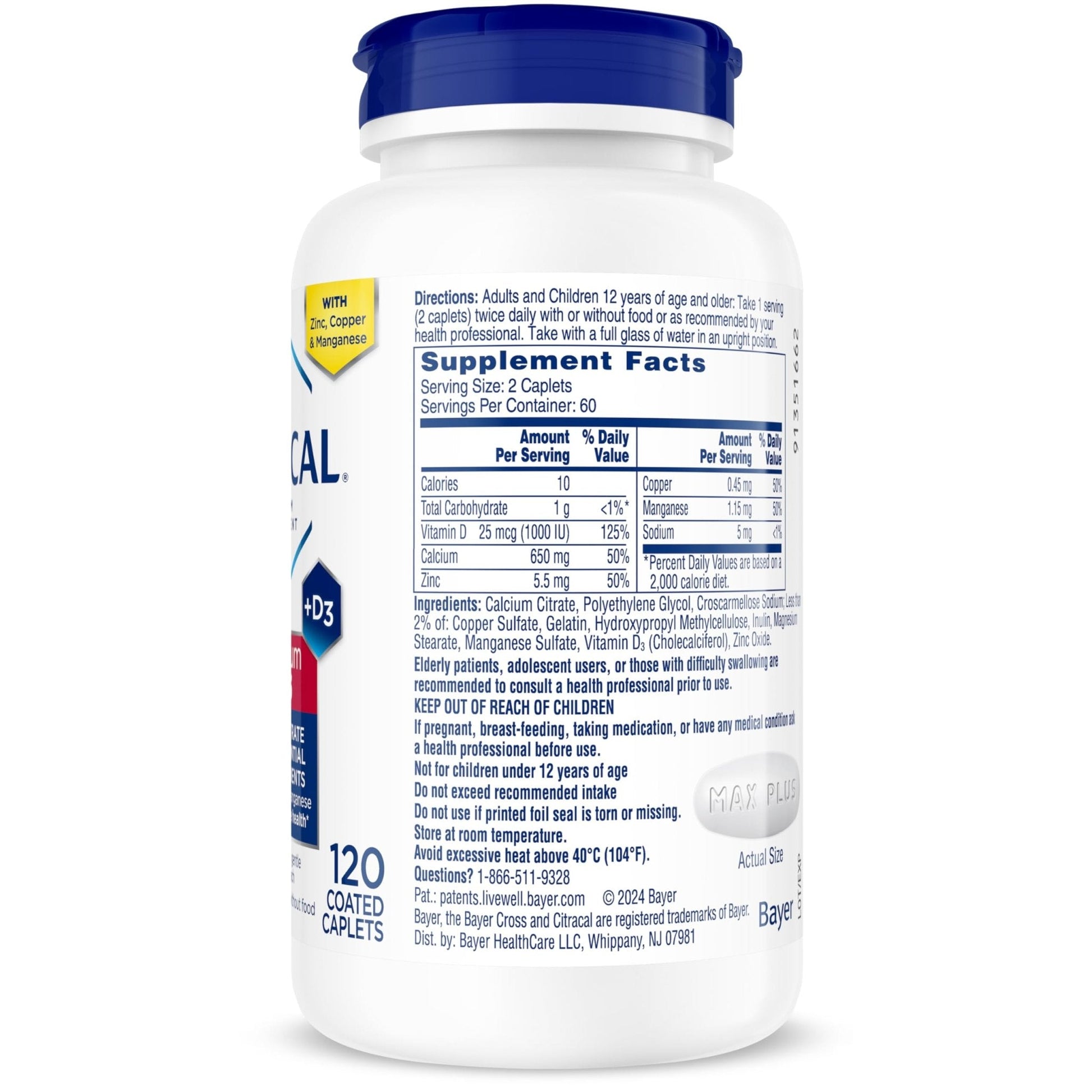Citracal Maximum Plus Calcium Supplement - Calcium Citrate with Vitamin D3, Zinc, & Essential Minerals for Bone Health Support - Maple Wellness Supplements