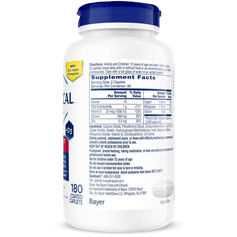 Citracal Maximum Plus Calcium Supplement - Calcium Citrate with Vitamin D3, Zinc, & Essential Minerals for Bone Health Support, Ages 12+ - Maple Wellness Supplements