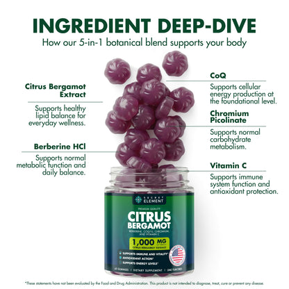 Citrus Bergamot 1000MG Gummies for Women and Men, Citrus Bergamot Extract with Berberine, CoQ10, Chromium & Vitamin C, Metabolic & Antioxidant Support, - Maple Wellness Supplements