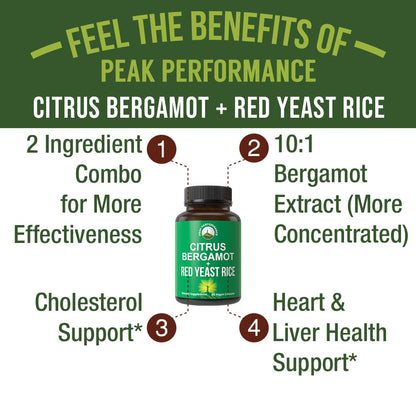 Citrus Bergamot + Red Yeast Rice. 2-in-1 Supplement. High Strength 10:1 Bergamot Extract. No Gluten, Zero Sugar, Vegan Capsules - Maple Wellness Supplements
