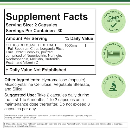Citrus Bergamot Supplement, 1000mg, 60 Capsules - Supports Healthy Cholesterol & Triglyceride Levels - 1,000mg Servings - Maple Wellness Supplements