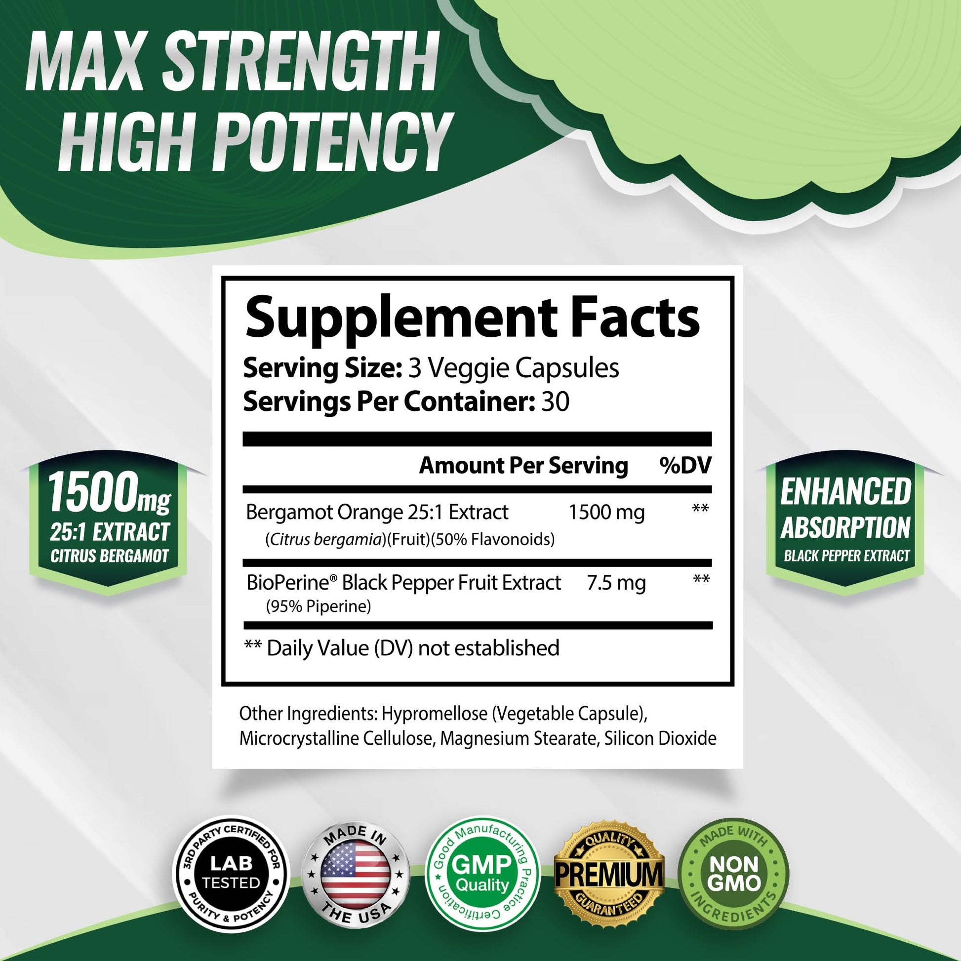 Citrus Bergamot Supplement 1500mg - 25:1 Bergamot Extract to Support Overall Health, Immune System, Potent Antioxidant High Absorption Natural - Maple Wellness Supplements