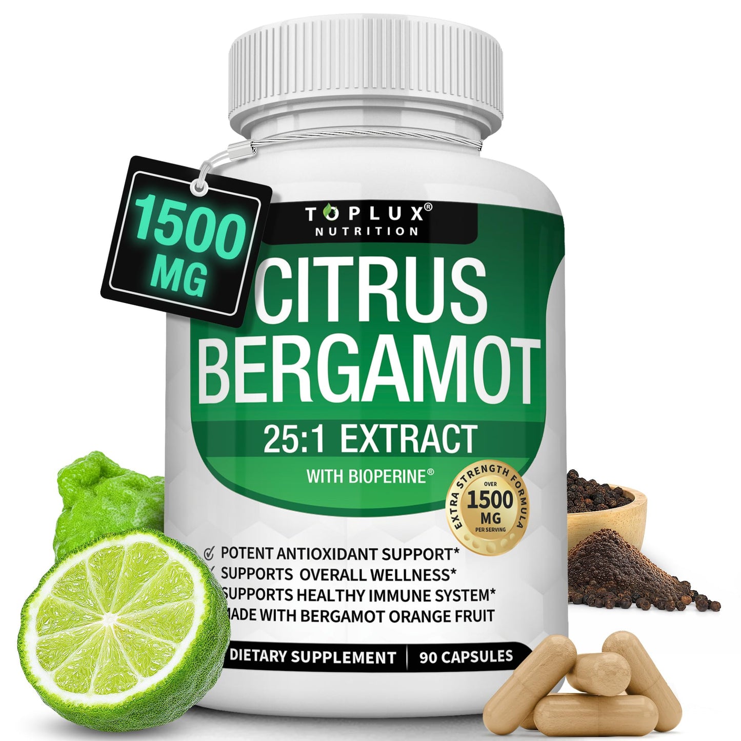 Citrus Bergamot Supplement 1500mg - 25:1 Bergamot Extract to Support Overall Health, Immune System, Potent Antioxidant High Absorption Natural - Maple Wellness Supplements